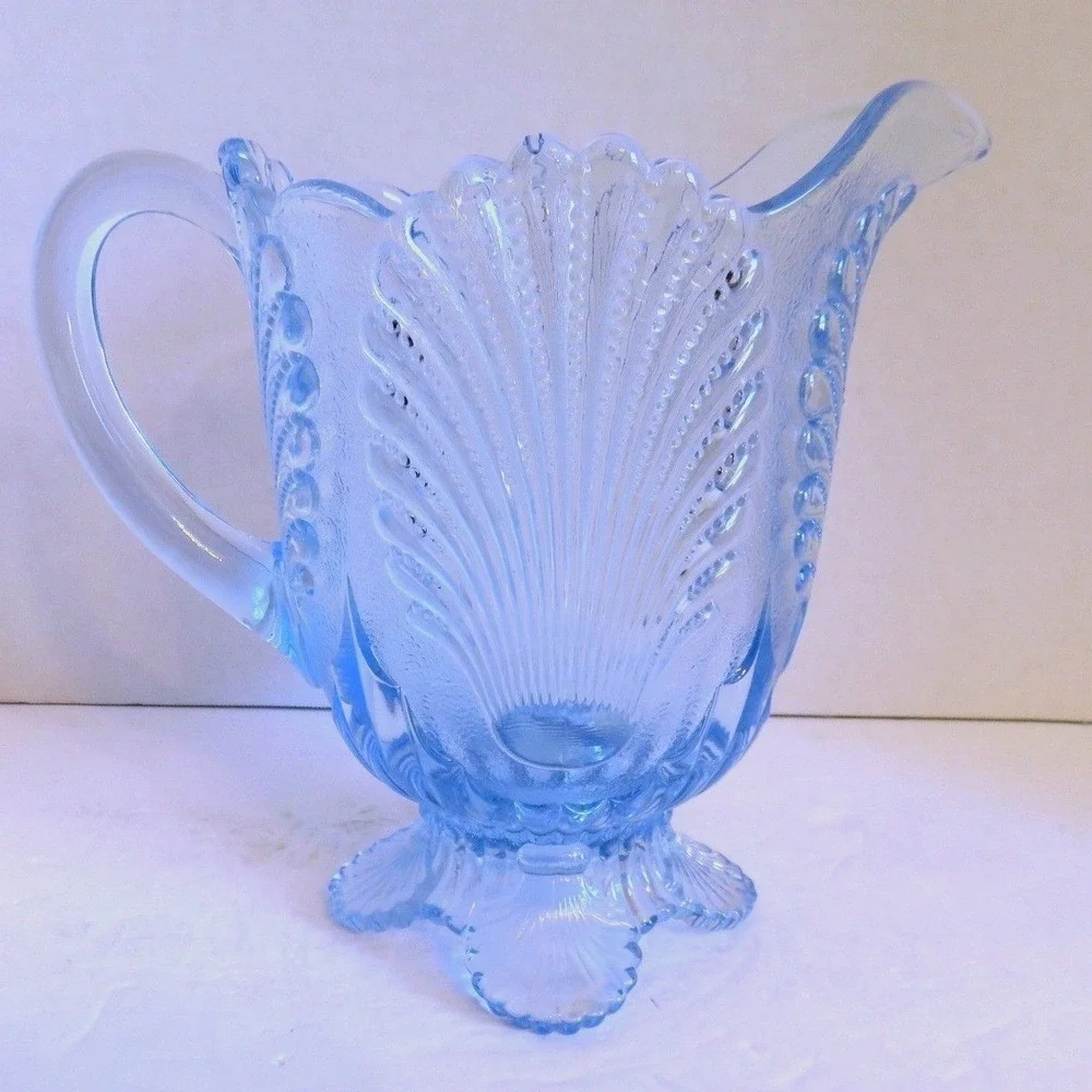 Vintage Light Blue Mosser Pressed Glass Shell Bead Footed‎ Water Pitcher 8
